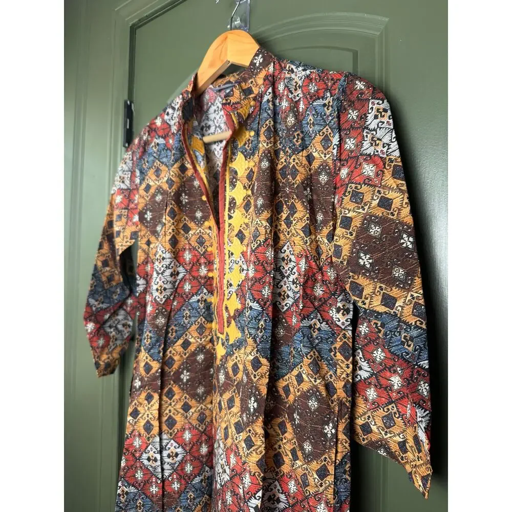 NWT Ro's Garden Clorinda Long Kurta Kaftan Resort Coverup Dress Lachen Brown XS - Picture 2 of 5